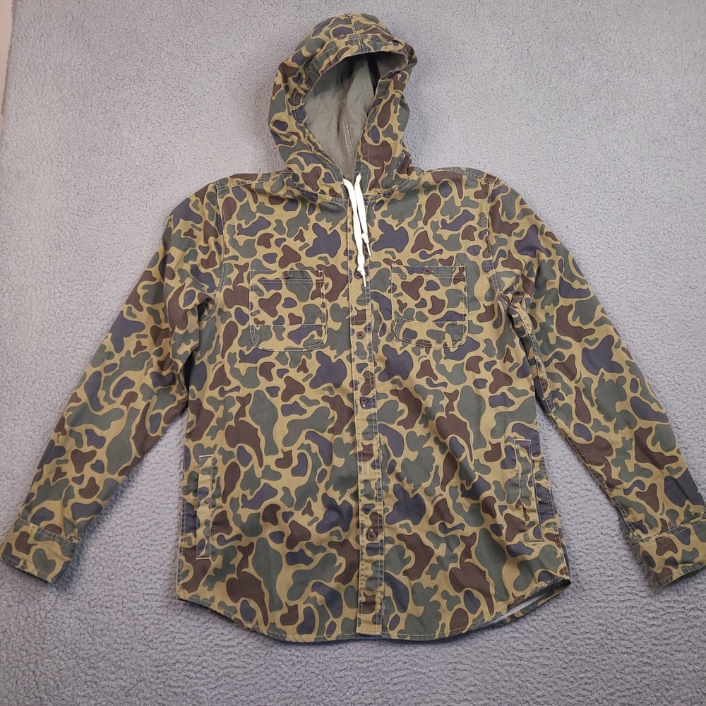 Modern Amusement Button Hoodie Shirt Mens Large Camo‎ Green Long Sleeve Shacket
